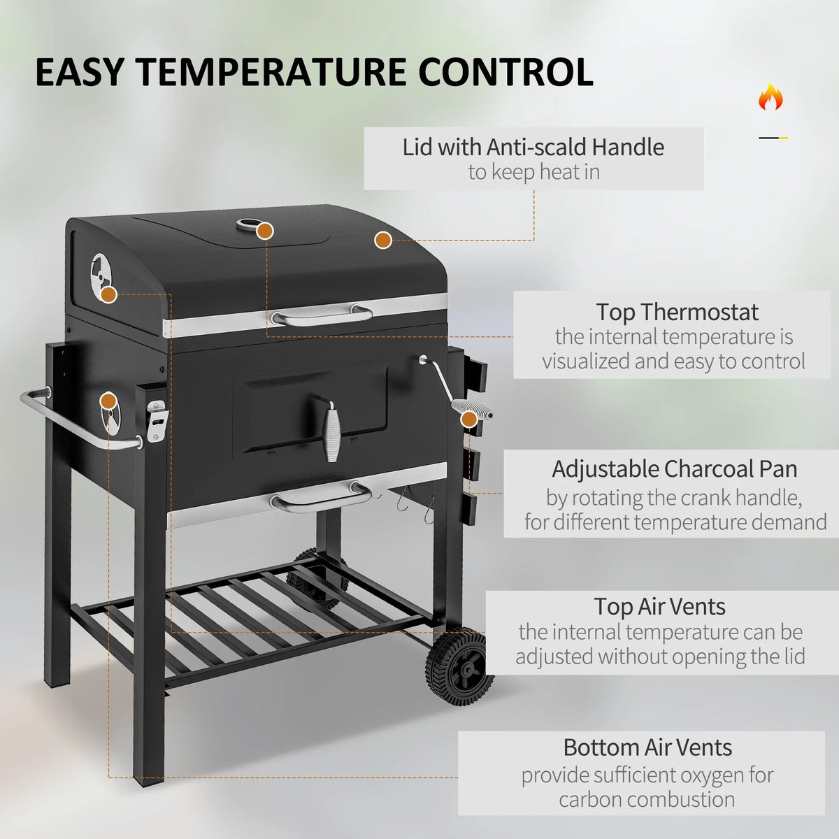 Homiyad Charcoal BBQ Grill, Outdoor Portable Cooker for Camping Or Backyard Picnic with Side Table, Bottom Storage Shelf, Wheels and Handle, Black