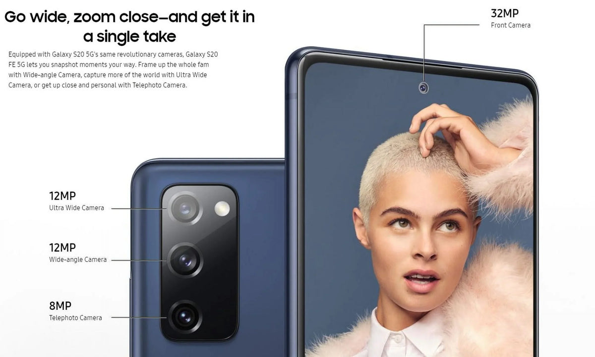 Samsung Galaxy S20 FE 5G - 5G smartphone - RAM 6 GB / Internal Memory 128 GB - microSD slot - OLED display - 6.5" - 2400 x 1080 pixels (120 Hz) - 3x rear cameras 12 MP, 12 MP, 8 MP - front camera 32 MP - cloud navy