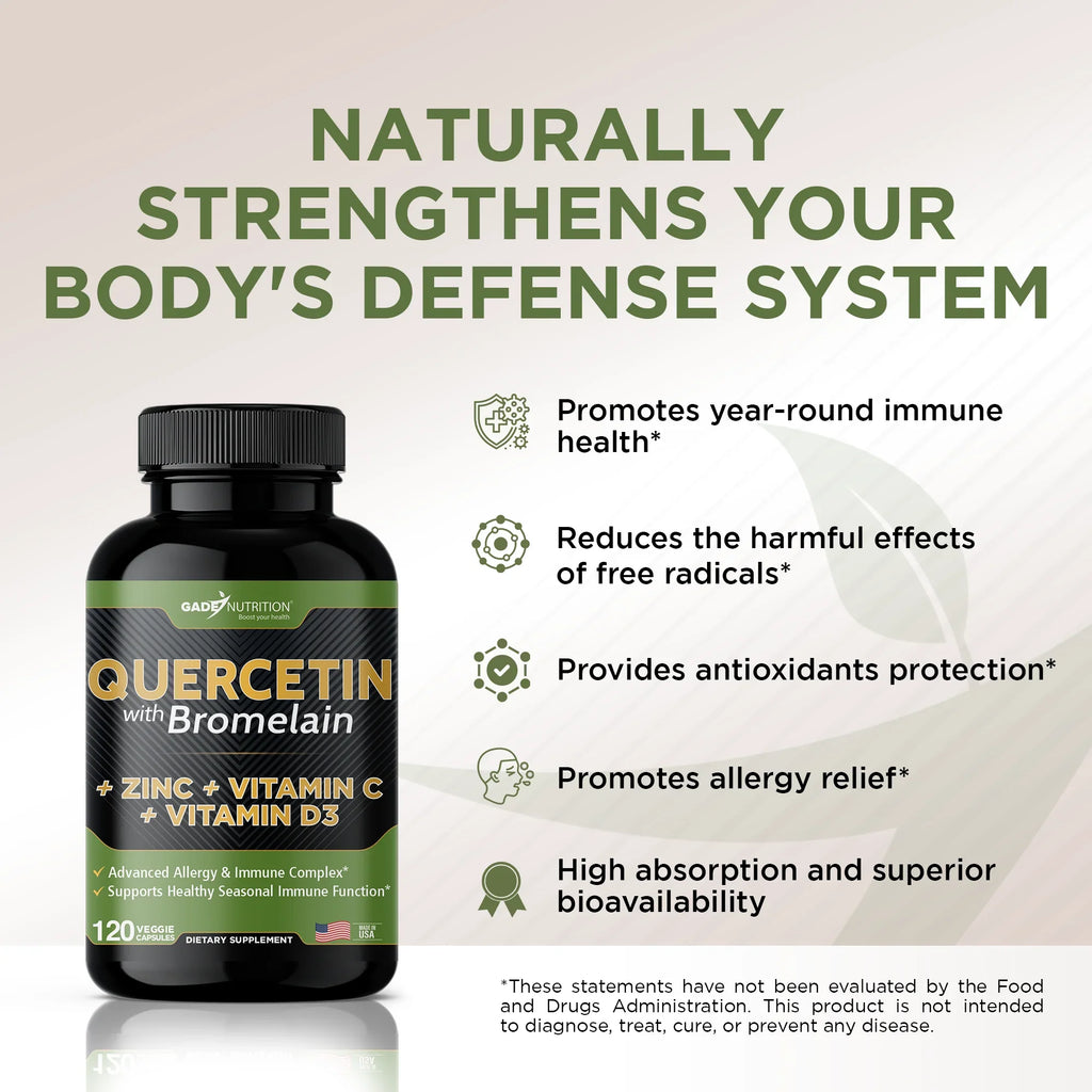 Quercetin with Vitamin C and Zinc - Quercetin 500mg - Quercetin with Bromelain - Zinc Quercetin - 240 Veggie Caps. Quercetin Supplements + Vitamin D3 (Non-GMO, Gluten-Free, Vegan)