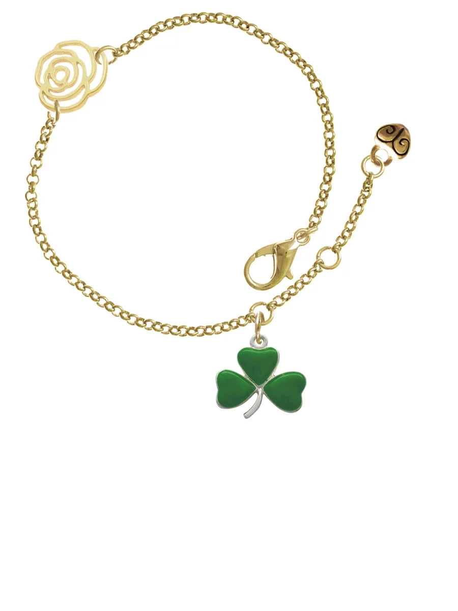 Delight Jewelry Silvertone Green Three Leaf Clover - Shamrock Gold-tone Rose Link Chain , 6.25"+1.75" Extender