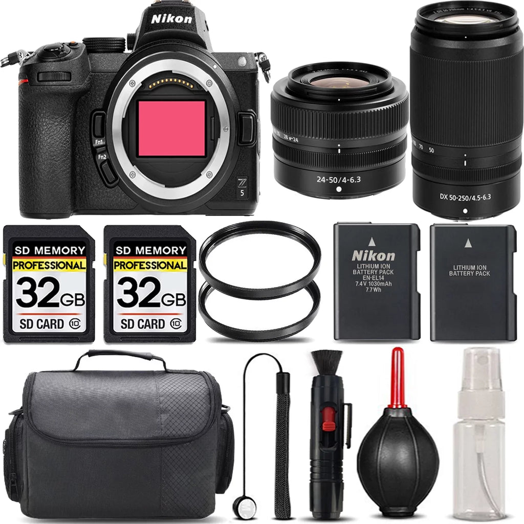 Nikon Z5 Mirrorless with 50-250mm f/4.5-6.3 VR Lens + 24-50mm f/4-6.3 Lens + 64GB Storage + UV Filter + Backup Battery + Case + Cleaning Kit - International Version