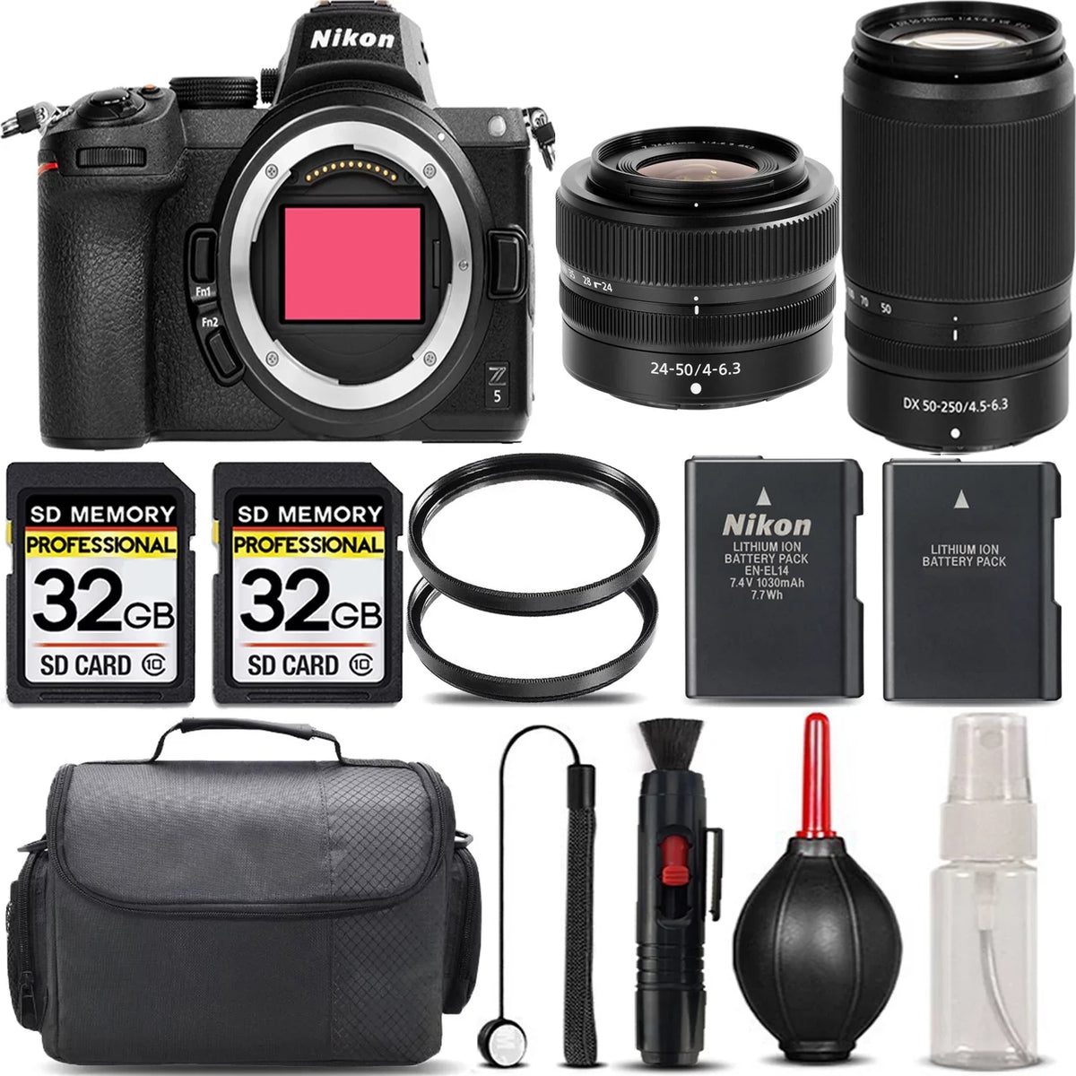 Nikon Z5 Mirrorless with 50-250mm f/4.5-6.3 VR Lens + 24-50mm f/4-6.3 Lens + 64GB Storage + UV Filter + Backup Battery + Case + Cleaning Kit - International Version