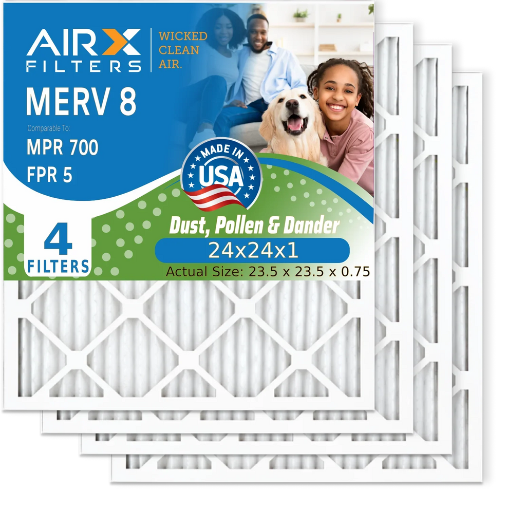 24x24x1 Air Filter MERV 8 Comparable to MPR 700 & FPR 5 Electrostatic Pleated Air Conditioner Filter 4 Pack HVAC AC Premium Made 24x24x1 Furnace Filters by AIRX FILTERS WICKED CLEAN AIR.