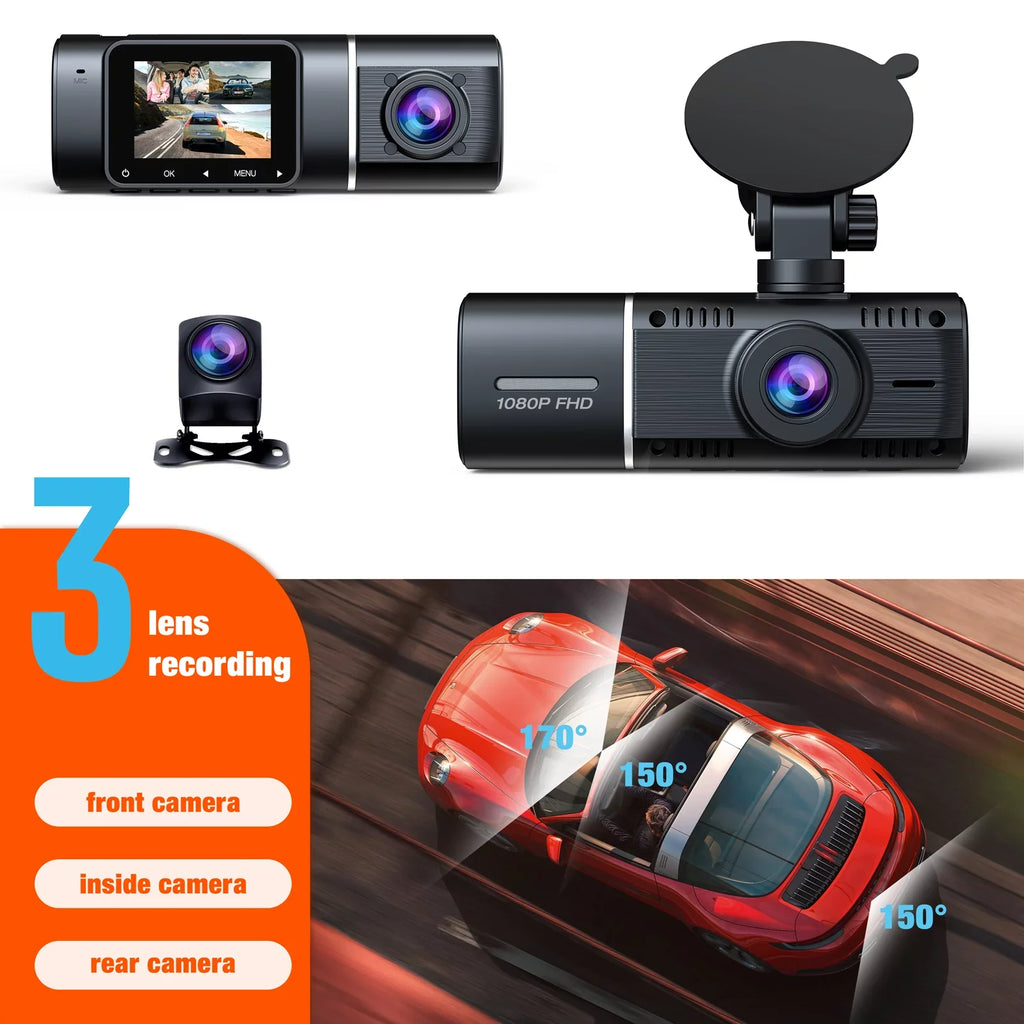 TOGUARD 3 Channel Car Camera Dash Cam Front and Rear Inside with IR Night Vision 1080P Dash Camera Three Way Triple Parking Monitor Motion Detection Accident Lock