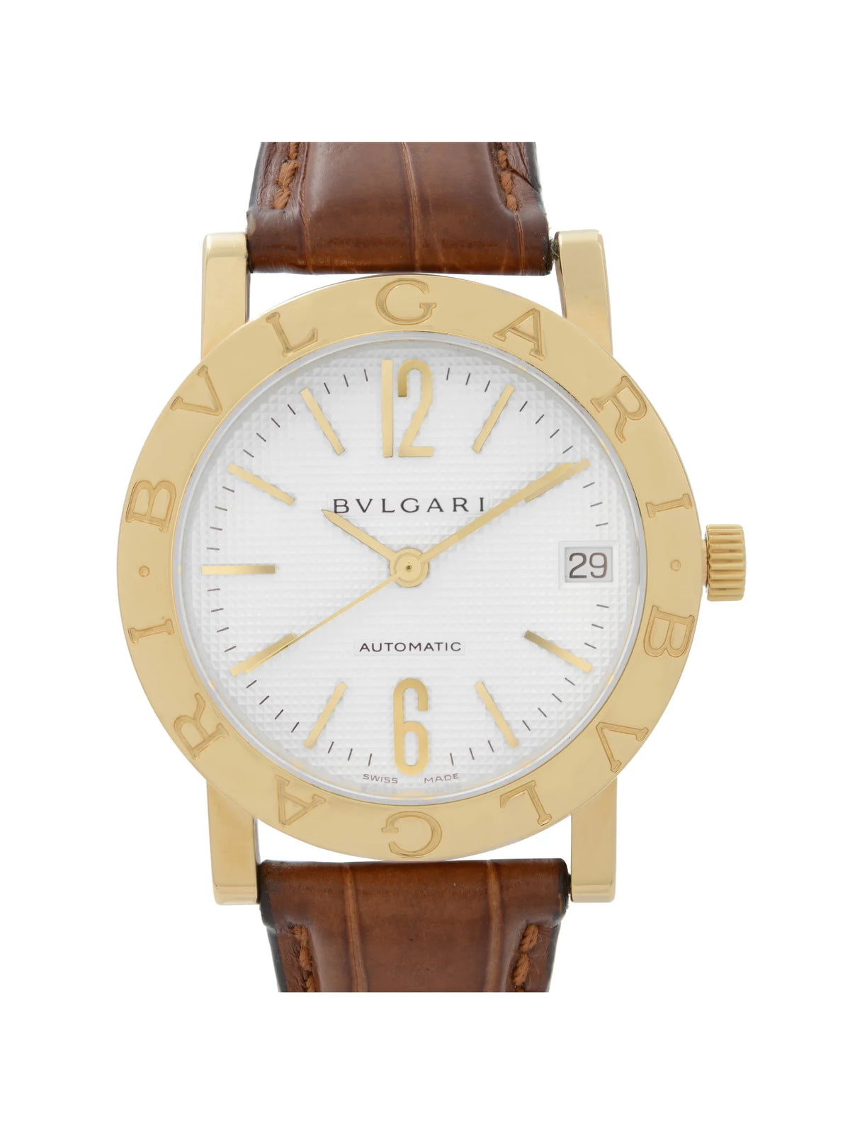 Bvlgari 33mm 18k Yellow Gold White Dial Leather Strap Automatic Watch BB33GL