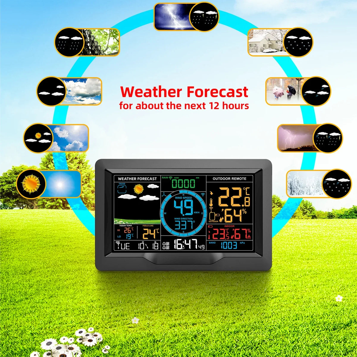 Suzicca Wireless Weather Station Indoor Hygrometer Thermometer Temperature Backlit Humidity Display Digital Weather Forecast Station Clock Alarm Clock with Sensor USB Port