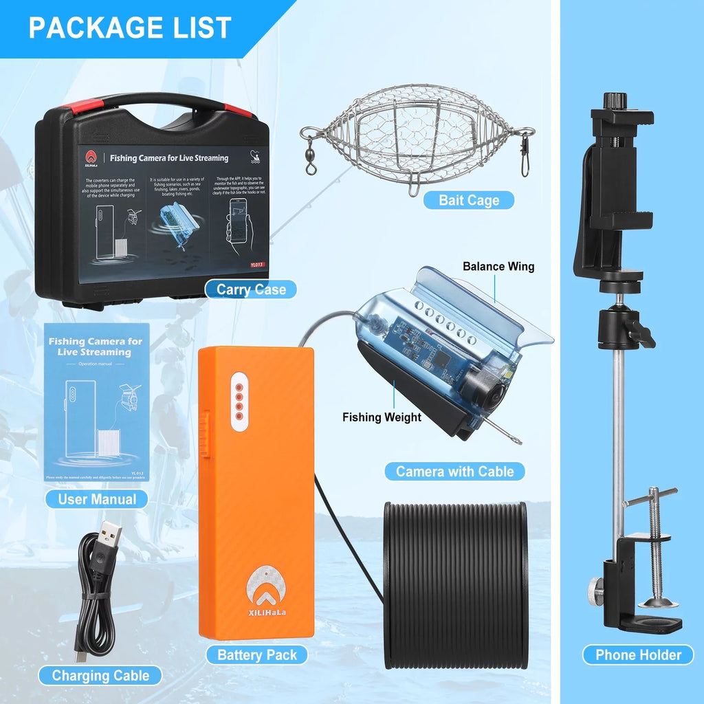 Carevas 1080P Underwater Fishing Camera with APP Control Fishing Live Video Camera Fish Finder with 50M Cable Mobile Phone Holder Bait Cage Carry Case for Ice Lake Sea Ship Kayak Fishing
