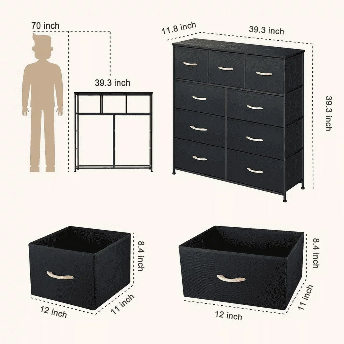 Bigroof Dresser for Bedroom with 9 Drawers, Fabric Dresser Organizer Units, Wide Chests of Drawers with Fabric Bins & Wooden Top, Dresser Storage Tower for Closet, Clothes, TV Stand, Black
