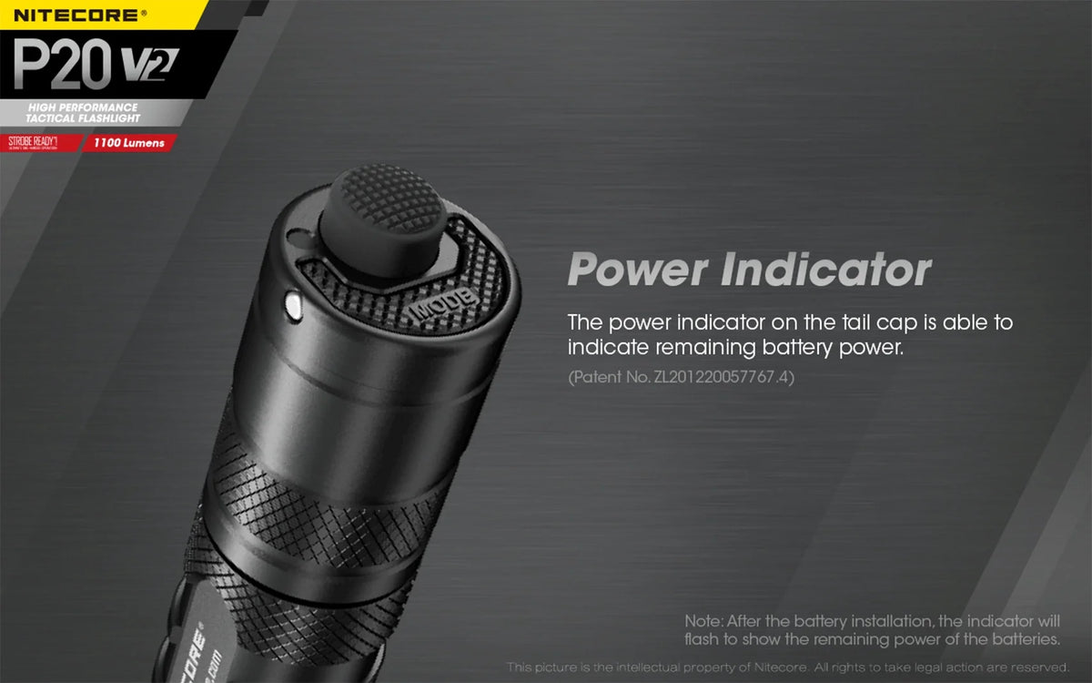 Combo: Nitecore P20 V2 Tactical LED Flashlight - CREE XP-L2 V6 - 1100 Lumens w/NL183 Battery, UI1 Charger +Free Eco-Sensa USB Cord