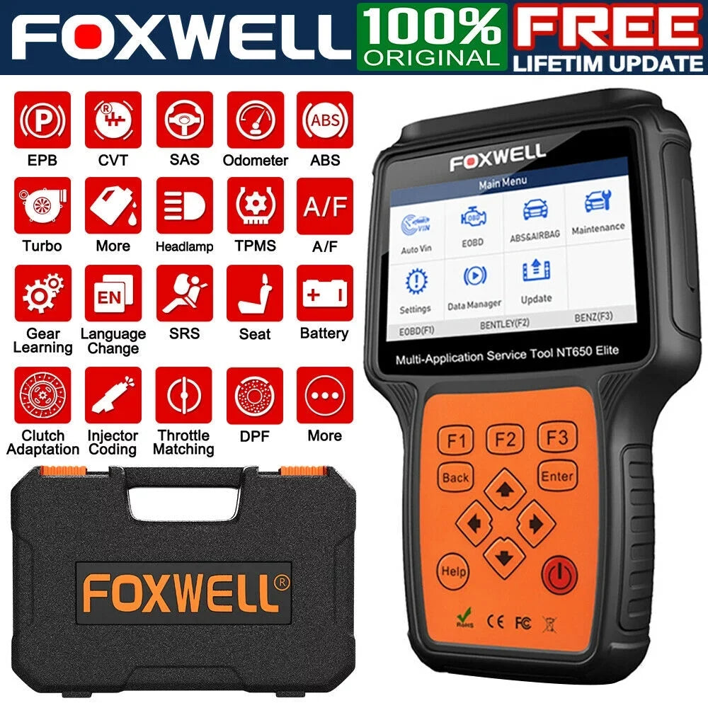 FOXWELL NT650 Elite Car OBD2 Scanner Automotive OBD II ABS Air Bag Code Reader with SAS EPB DPF EPS TPMS TPS Battery Registeration Oil Light Reset