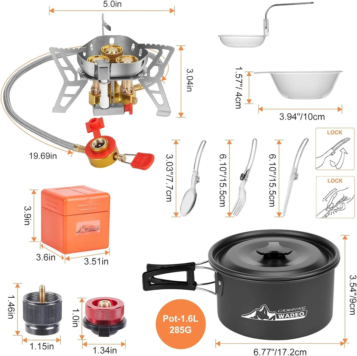 WADEO 6800W Windproof Camping Stove with Camping Pot, Camping Cookware Kit with Camping Gas Stove, Fuel Canister Adapters, Knife, Spoon, Fork, Bowl and Soup Spoon for Outdoor Backpacking Hiking Picnic