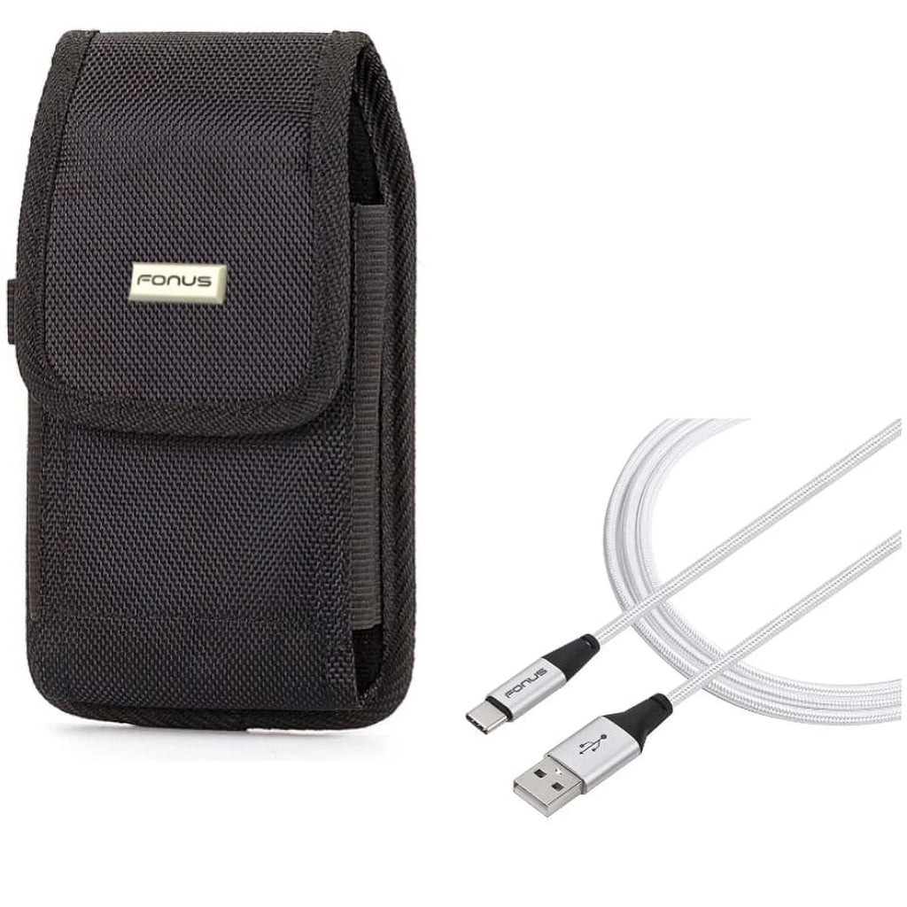 Rugged Durable Canvas Case Holster Metal Belt Clip w Braided Type-C USB Cable 10ft Long Sync Wire E6Q for Samsung Galaxy S8+, S10 Plus 5G Note 9 8 A9 A50 - Sony Xperia XZ3 - Xiaomi Mi 9
