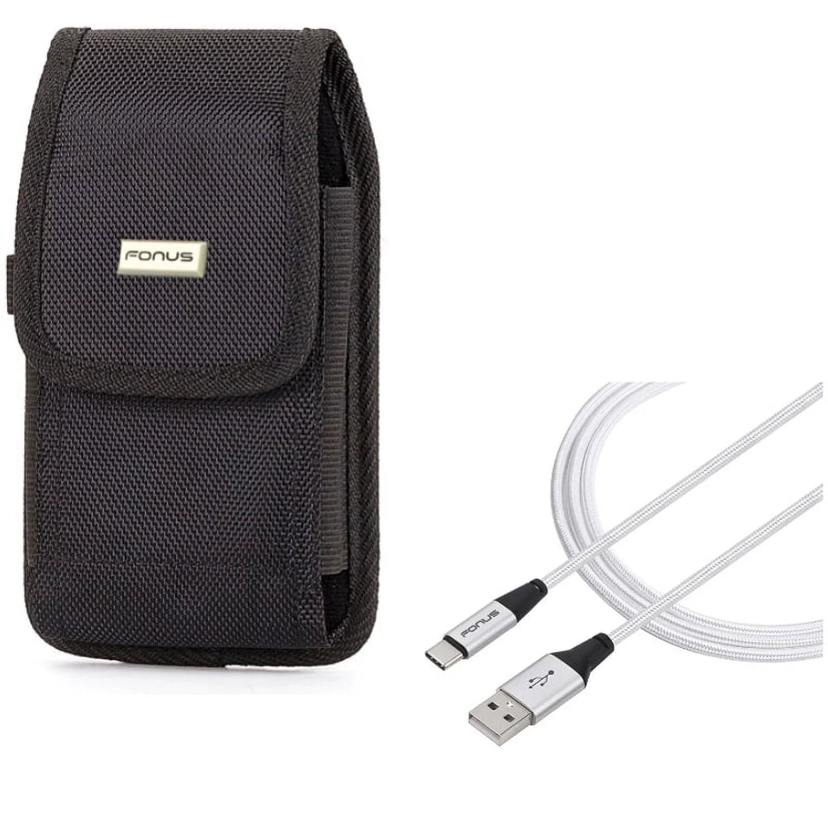 Rugged Durable Canvas Case Holster Metal Belt Clip w Braided Type-C USB Cable 10ft Long Sync Wire E6Q for Samsung Galaxy S8+, S10 Plus 5G Note 9 8 A9 A50 - Sony Xperia XZ3 - Xiaomi Mi 9