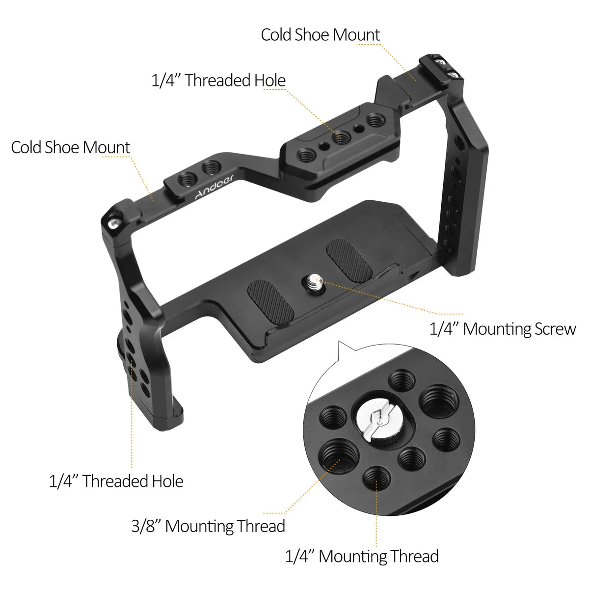 Andoer Camera Cage Aluminum Alloy Video Cage with Dual Cold Shoe Mounts Numerous 1/4 Inch Threads Replacement for Sony A7IV/ A7III/ A7II/ A7R III/ A7R II/ A7S II