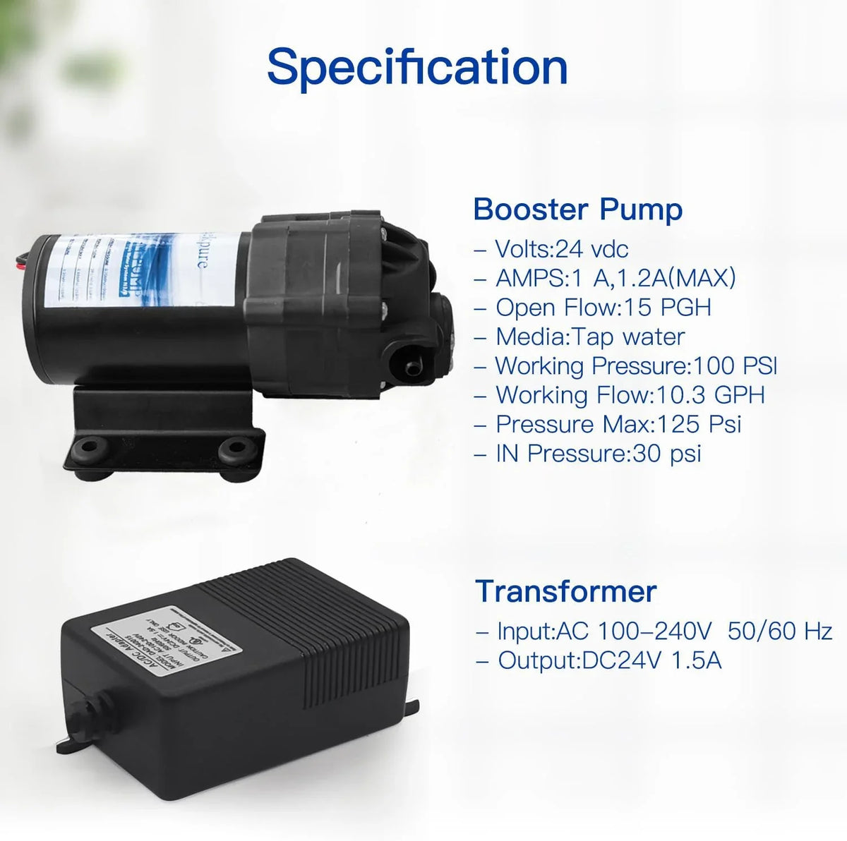 YGDU Reverse Osmosis Booster Pump Kit with Transformer + High and Low Pressure Switches + Fittings for 50-150 GPD RO System