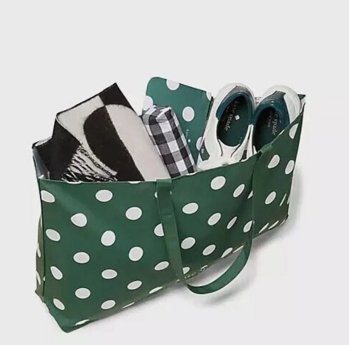 Kate Spade New York Tote Polka Dots Canvas Tote XL Green White Reusable Shopping Beach Bag
