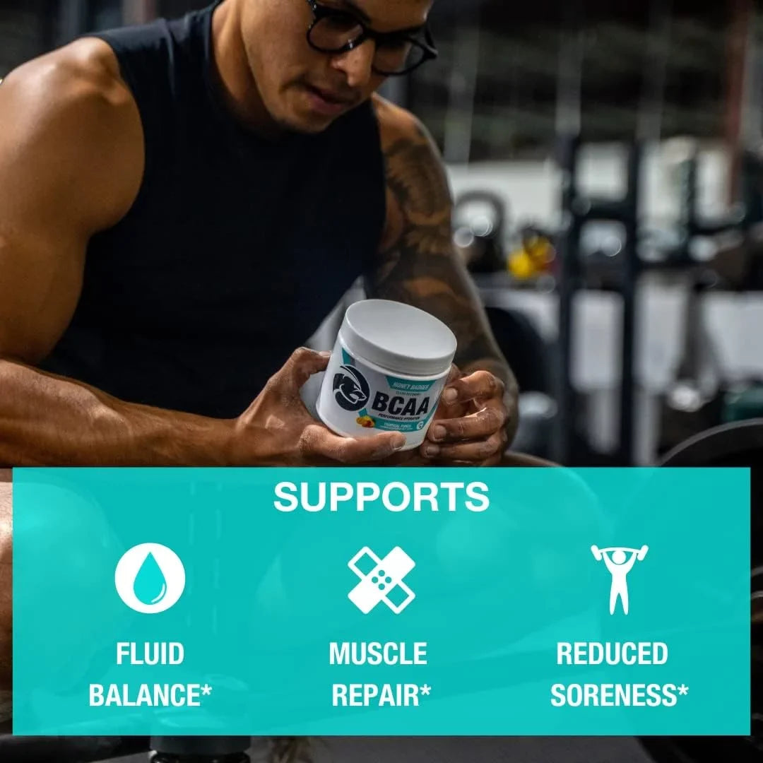 Honey Badger BCAA Amino Acids Electrolytes Powder, Keto, Vegan, Sugar Free BCAAs + EAA with L-Glutamine For Men & Women, Hydration & Post Workout Muscle Wrap Drink Mix, Tropical Punch, 30 Servings