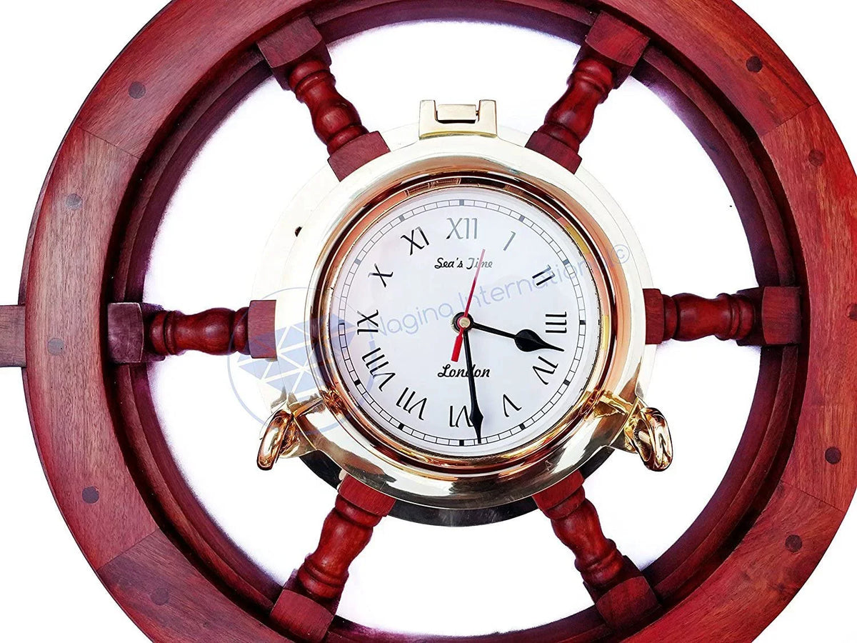 Nagina International Polystone Polished Nautical Brass Porthole Clock Ship Wheel | Pirate's Ocean Home Decor Gift | London Sea's Time (48 Inches)