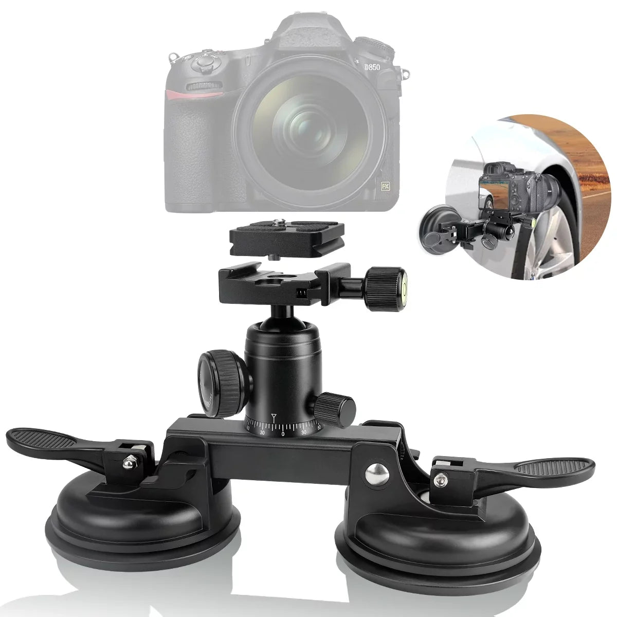 Heavy Duty (20 lbs Load) DSLR Mirorrless Camera Suction Cup Car Mount Camcorder Vehicle Holder 360° Ball Head Compatible with Nikon Canon Sony RED BM