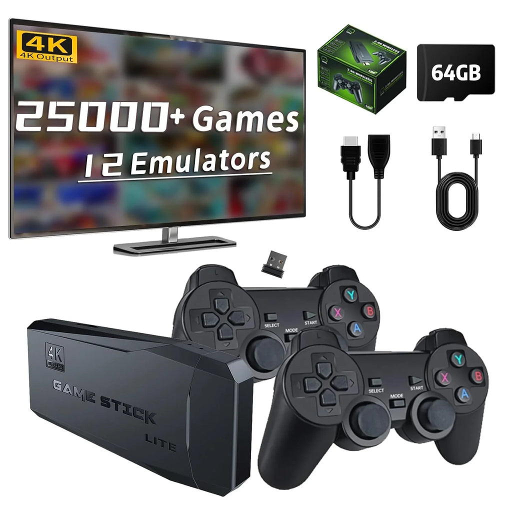 Retro Game Console Stick, 64G Nostalgia Game Stick with 20000+ Video Games, 9 Emulator Console Plug and Play for TV, Retro Play Compatible with Arcade/Maze, 4K HD Output, 2.4GHz Wireless Controllers