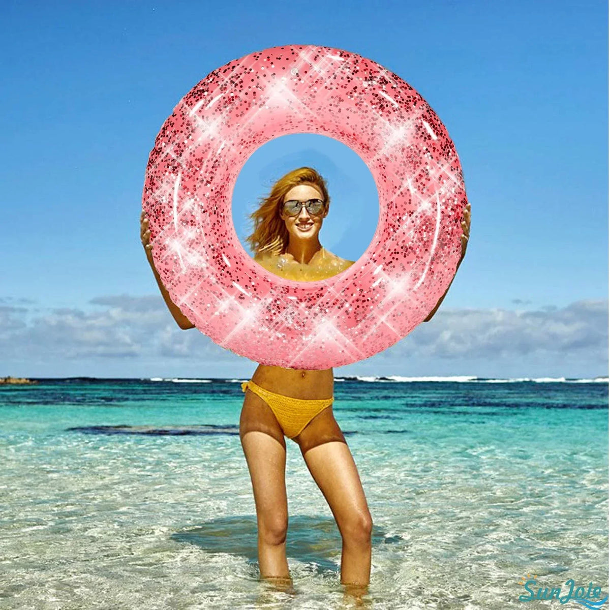 Alyvia Inflatable Rose Gold Pool Float with Glitter Inside, Fun Beach Floaties, Swim Party Toys, Summer Pool Round Rings for Adults & Kids | 48 Inch