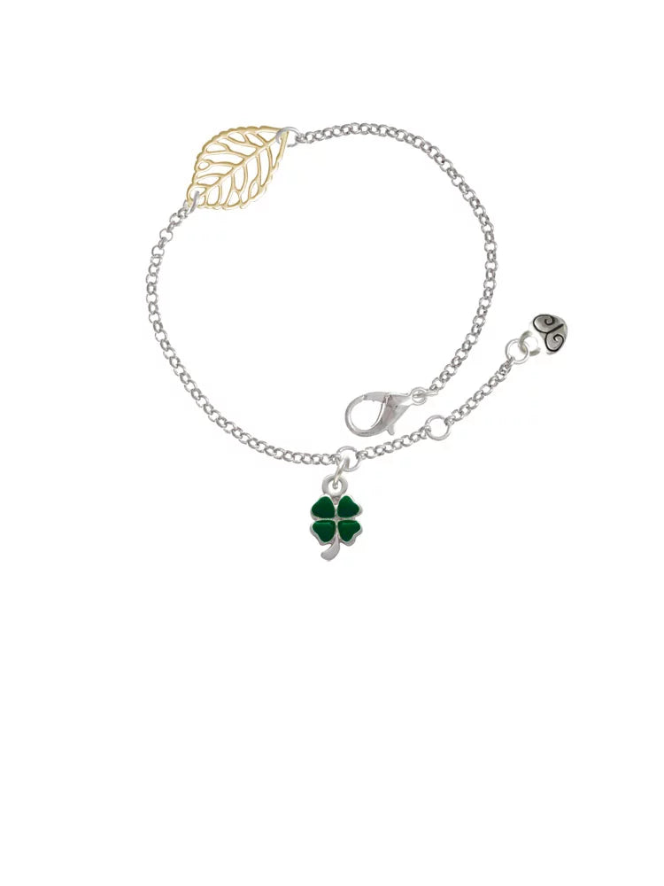 Delight Jewelry Silvertone Mini Green Four Leaf Clover with Heart Leaves - Goldtone Leaf Delicate , 6.25+1.75"