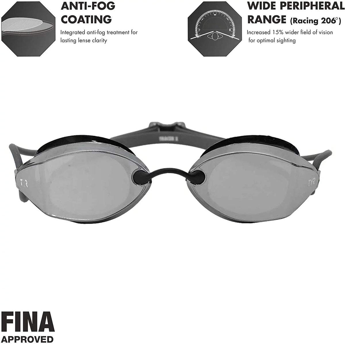TYR Tracer X Racing Mirrored Goggle BLK Frame/Silver Gasket/Silver Metallic Mirror Lens