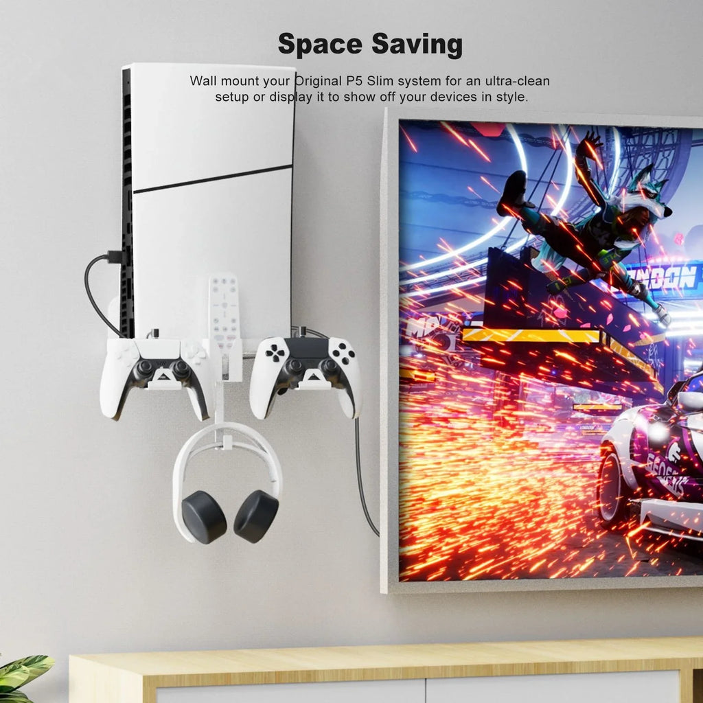 Durable Iron Wall Mount Bracket Set for PS5 Slim Space-Saving, Secure, and Convenient Storage with Dual Charging Cable