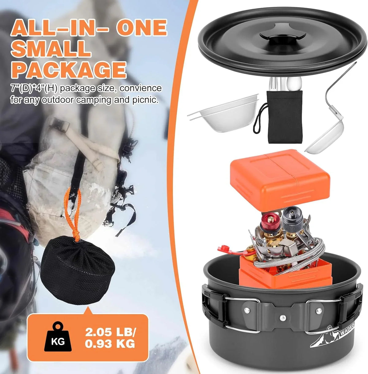 WADEO 6800W Windproof Camping Stove with Camping Pot, Camping Cookware Kit with Camping Gas Stove, Fuel Canister Adapters, Knife, Spoon, Fork, Bowl and Soup Spoon for Outdoor Backpacking Hiking Picnic