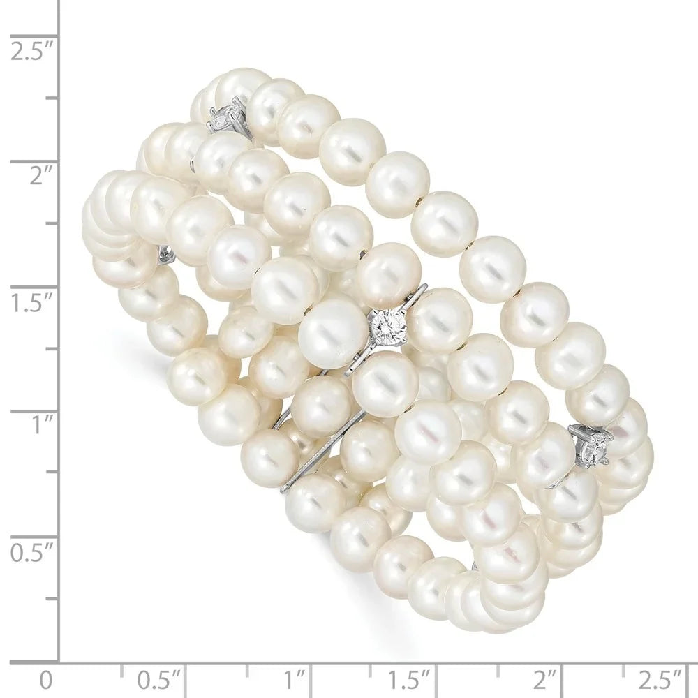 Auriga 925 Sterling Silver Rhod-plat 6-7mm White FWC Pearl & CZ 3 Row 7.5inch for Women