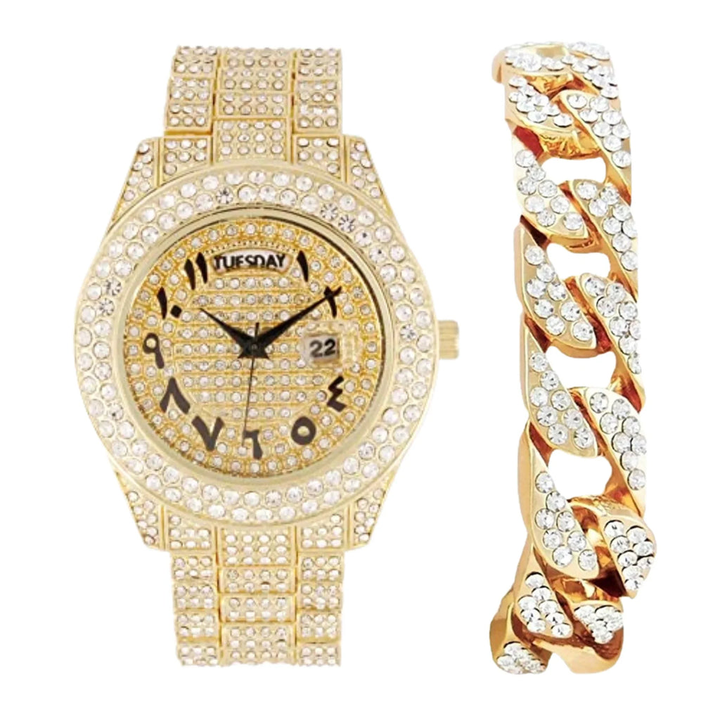 Charles Raymond Big Rocks Fully Iced Out Diamond Mens Watch w/Easy Read Date & Day - Designer Hip Hop Blinged Out Timepiece - ST10535 (ST10536-AN Gold -C)