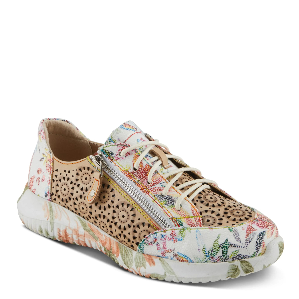 L'Artiste Women's Jazzie Lace-Up Fashion Sneaker with Flowers Beige Multi EU 39/8.5