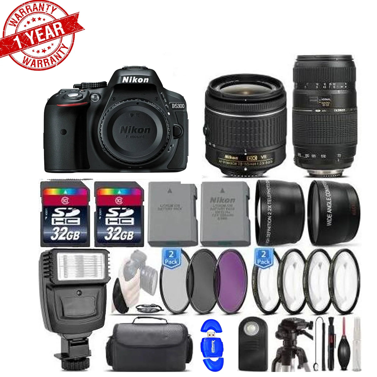 Nikon D5300 24.2MP DSLR Camera||18-55mm VR Lens||70-300mm Macro Lens -64GB Bundle Kit