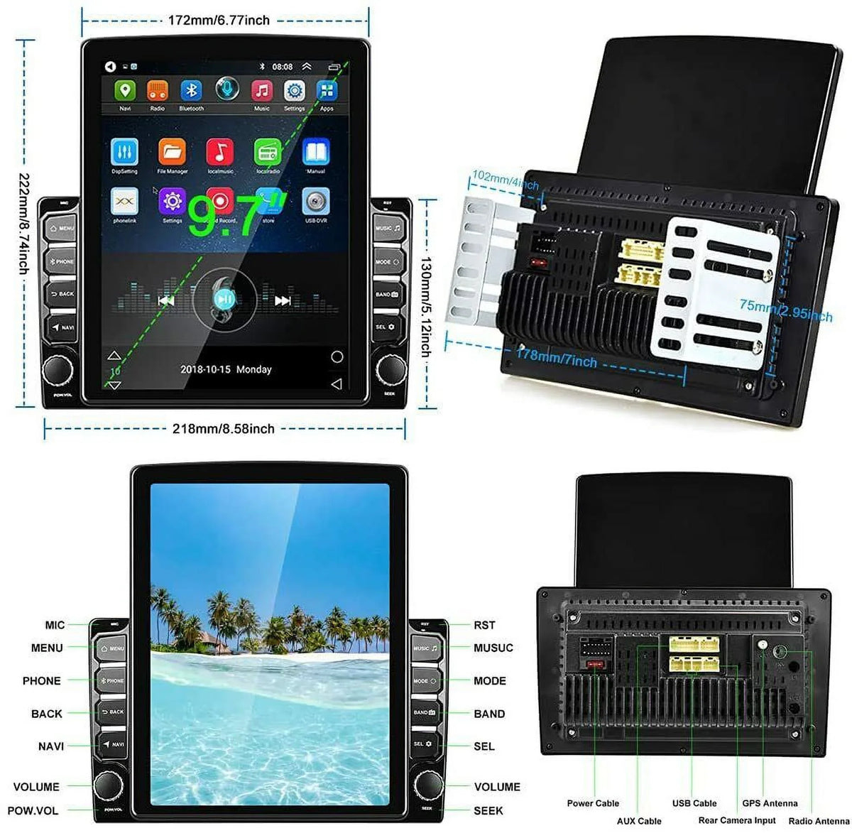 KingFurt Universal Car Stereo 9.7" Touch Screen Bluetooth Music FM Radio GPS Navigation Reversing Camera Input