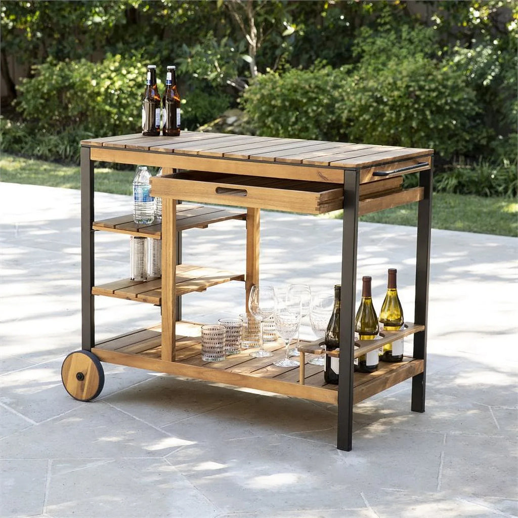 Afuera Living Contemporary Wood Outdoor Bar Cart in Natural Finish