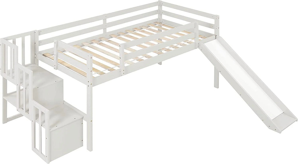NLTBONNIE Harper &amp; Bright Designs Low Loft Bed with Slide and Wood Twin Size Loft Bed Frame with Stairs Safety Rail for Toddlers Teens No Box Spring Needed (White)