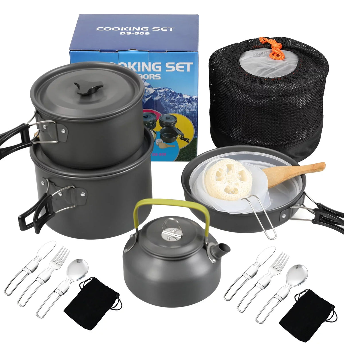 Yabuy Camping Cookware Mess Kit Non-Stick Pot and Pan Set with Kettle for Camping Hiking Backpacking