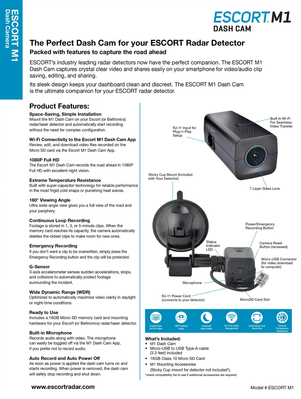 ESCORT M1 DASH CAM - Companion Dash Cam to your Escort Radar Detector. Video/audio Clip Saving, Editing & Sharing