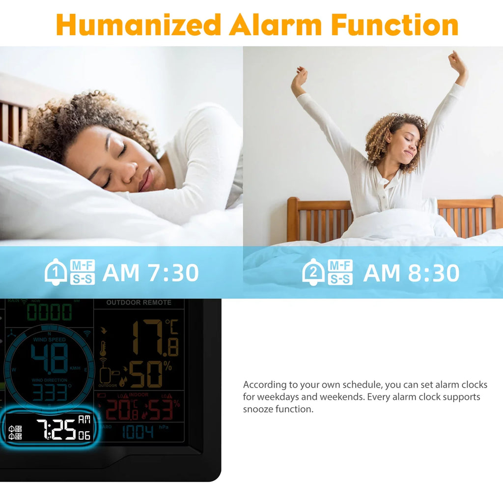 Suzicca Wireless Weather Station Indoor Hygrometer Thermometer Temperature Backlit Humidity Display Digital Weather Forecast Station Clock Alarm Clock with Sensor USB Port