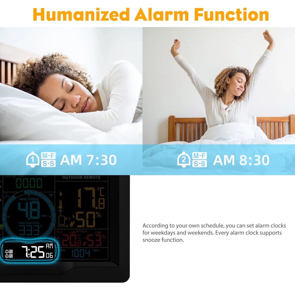 Suzicca Wireless Weather Station Indoor Hygrometer Thermometer Temperature Backlit Humidity Display Digital Weather Forecast Station Clock Alarm Clock with Sensor USB Port