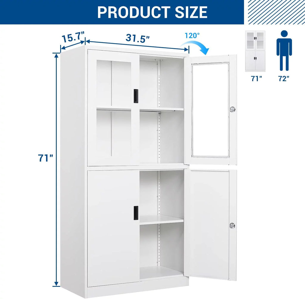 STANI 71" Metal Storage Cabinet Steel Office Storage Locker,Locking Tool Cabinets with Glass Doors for Office,Home,- Assembly Required