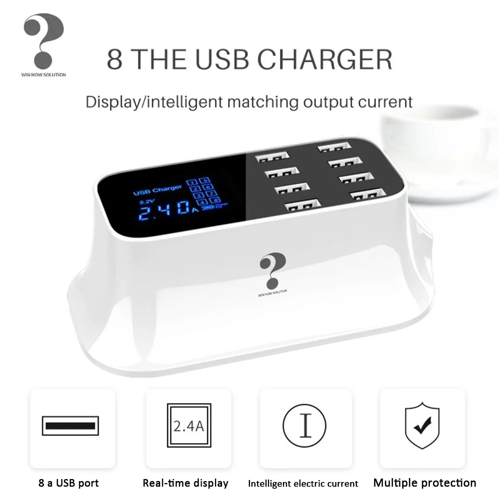 Mignova Multiple USB chargers, 8-port desktop charging station hub for LCD display, compatible with iOS and Android devices (iPhone, iPad, Huawei, Samsung Galaxy)