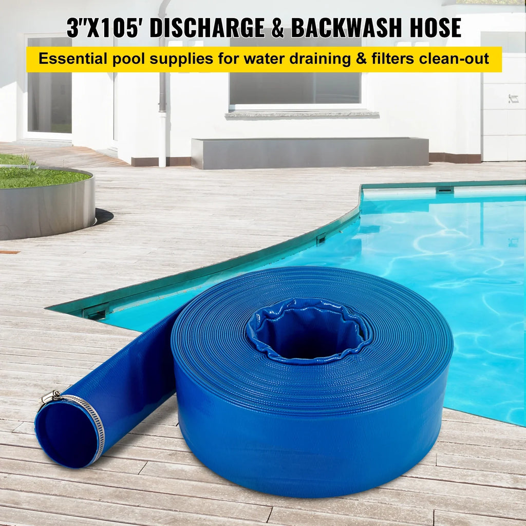 VEVOR Discharge Hose, 3" x 105', PVC Fabric Lay Flat Hose, Heavy Duty Backwash Drain Hose with Clamps, Weather-proof & Burst-proof, Ideal for Swimming Pool & Water Transfer, Blue
