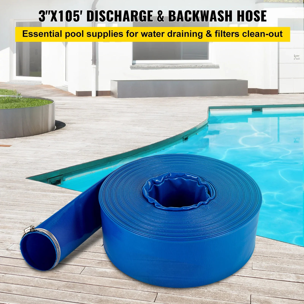 VEVOR Discharge Hose, 3" x 105', PVC Fabric Lay Flat Hose, Heavy Duty Backwash Drain Hose with Clamps, Weather-proof & Burst-proof, Ideal for Swimming Pool & Water Transfer, Blue