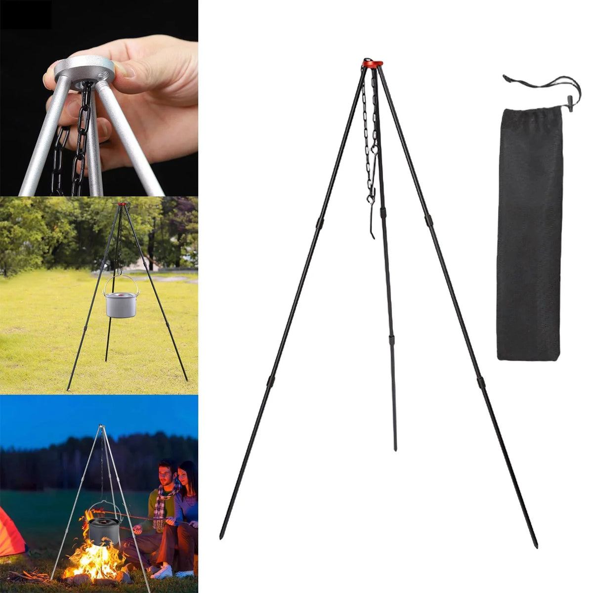 Camping Tripod, Portable Outdoor Cooking Tripod with Adjustable Campfire Picnic ing Pot Grill Stand Aluminum Cookware Accessory , Black