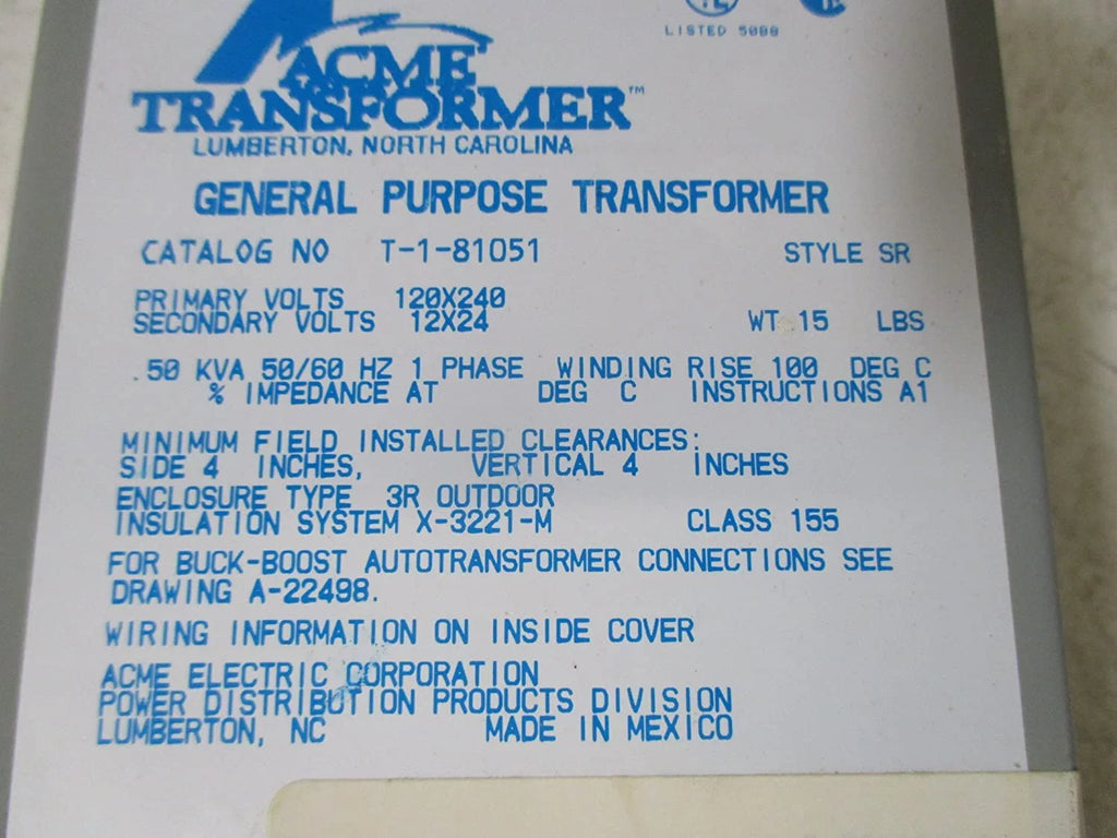 Acme Electric Transformer,120/240VAC,12/24VAC,500VA T181051