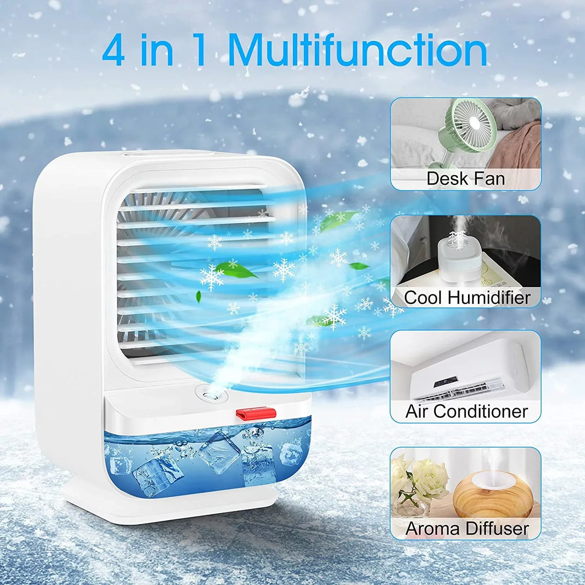 Sholov Portable Air Conditioner Fan Mini Personal Evaporative Air Cooler 90 Shaking Head with Battery with 3 Speeds & 2 Misting & LED Light for Home, Bedroom, Travel & Office, USB Charging, White