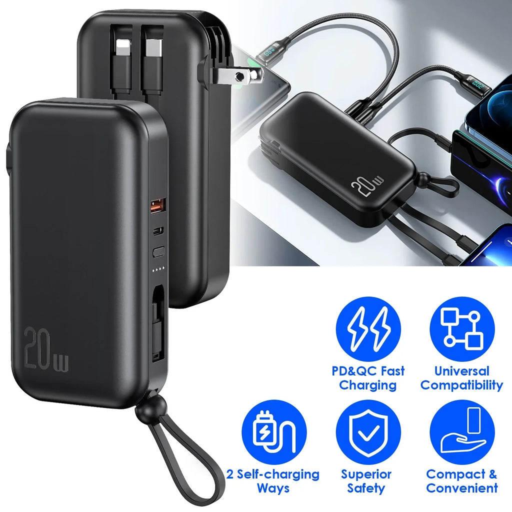 10000mAh iMounTEK Portable Charger 3 Inbuilt CablesType-C/LT/Micro-USB PD20W QC18W Fast Charging 5 Outputs External Battery Pack Fit For IOSPhone 14 Android