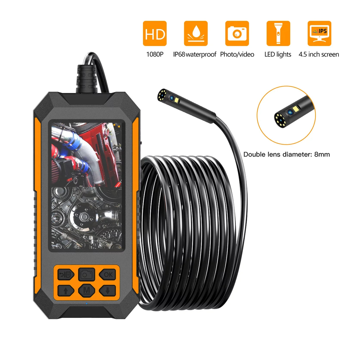 Shinysix Industrial endoscope,1944P 8 LED Waterproof Camera Camera Camera Dual 1080P/2592 * 1944P IP68 Waterproof Camera Camera 4.5 inch 4.5 inch Display LED IP68 Waterproof inch Display 5m