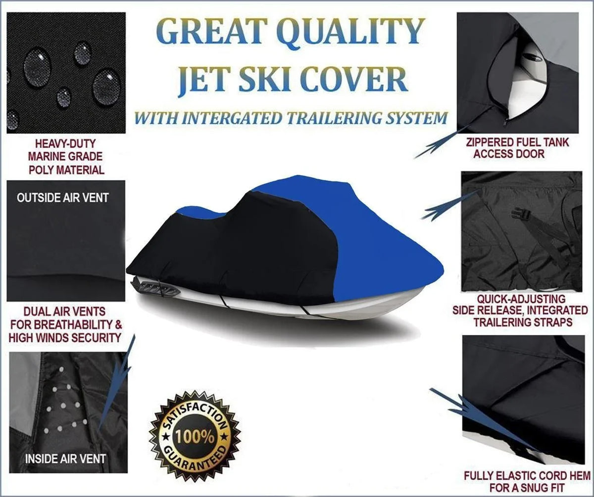 BLACK / BLUE HEAVY-DUTY, 600 DENIER Wrap Compatible for Kawasaki ULTRA 150 1998 1999 2000 2001 2002 2003 2004 2005 / 130 DI 1999 2000 2001 2002 2003 2004 Jet Ski Watercraft Protection 2 Seater